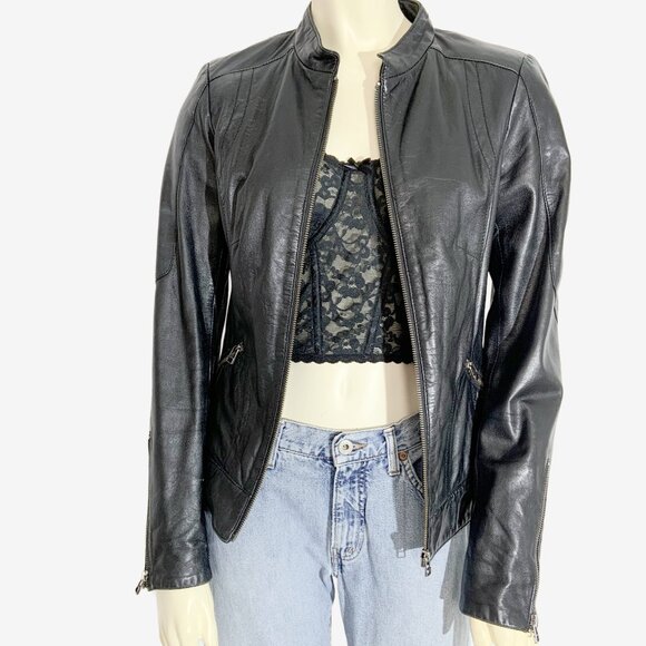 Vintage Y2K Black Leather Biker Jacket by DANIER / Made in Canada / size X-Small - Picture 7 of 16